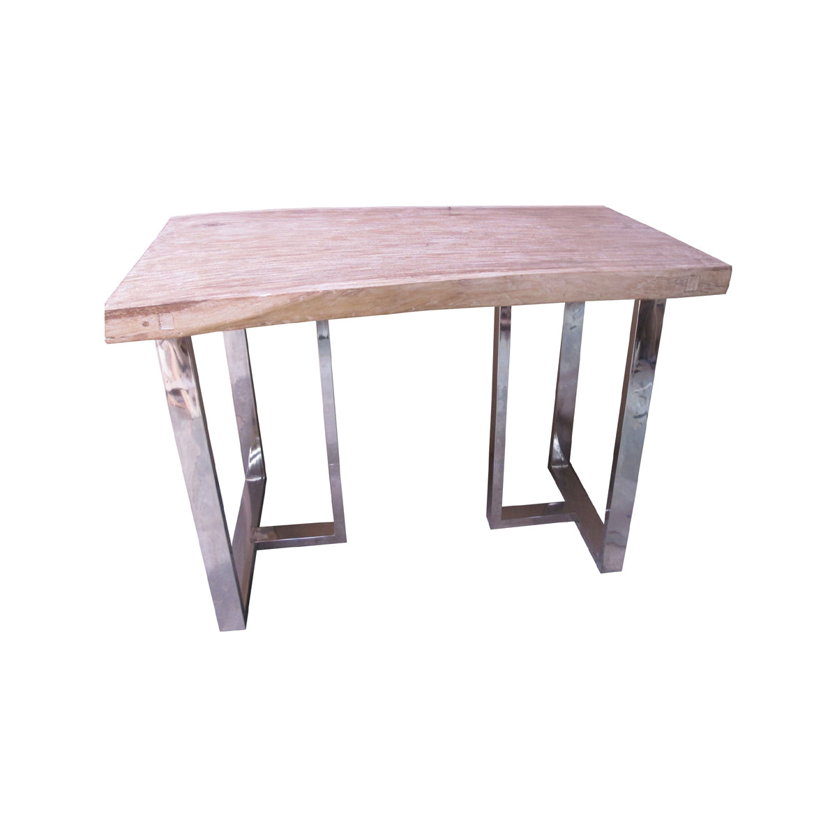 Suar wood bar table with washed finish on a minimal metal base