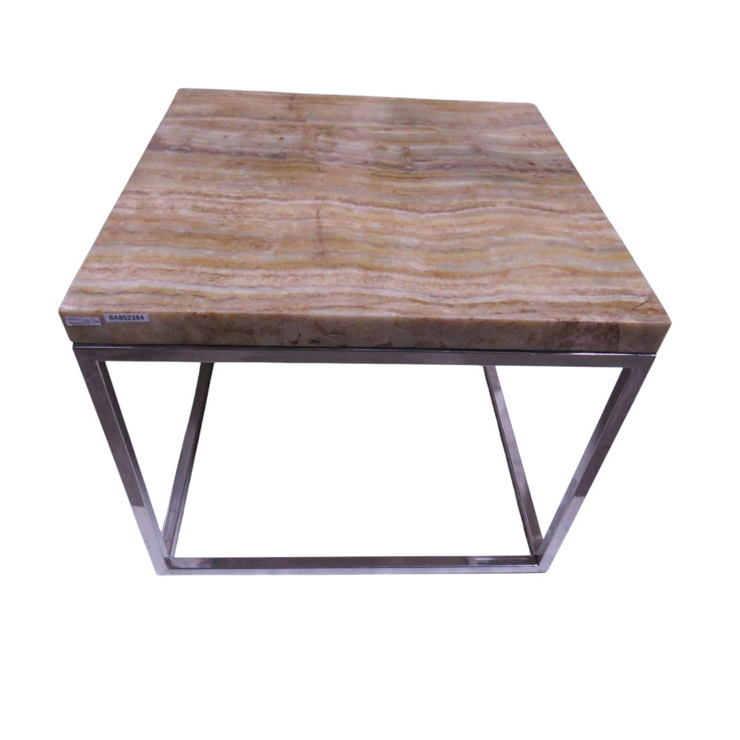 Square onyx stone table on an open stainless steel frame
