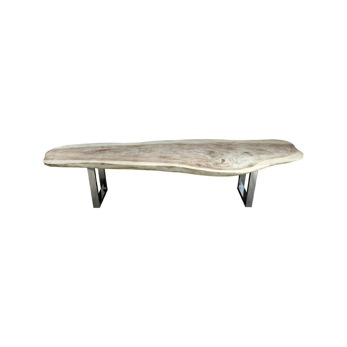 Live-edge suar wood coffee table with washed finish on a stainless steel base