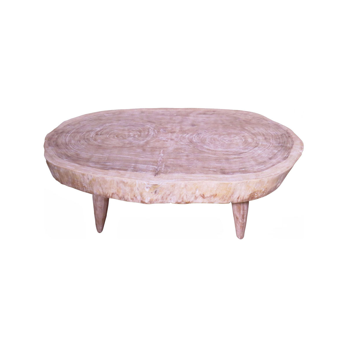 Round suar wood coffee table with concentric grain on solid wood legs