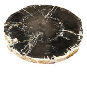 Round petrified wood table with veined stone top on a hidden stainless base