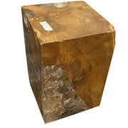 Square stool of teak with clear resin filling natural voids