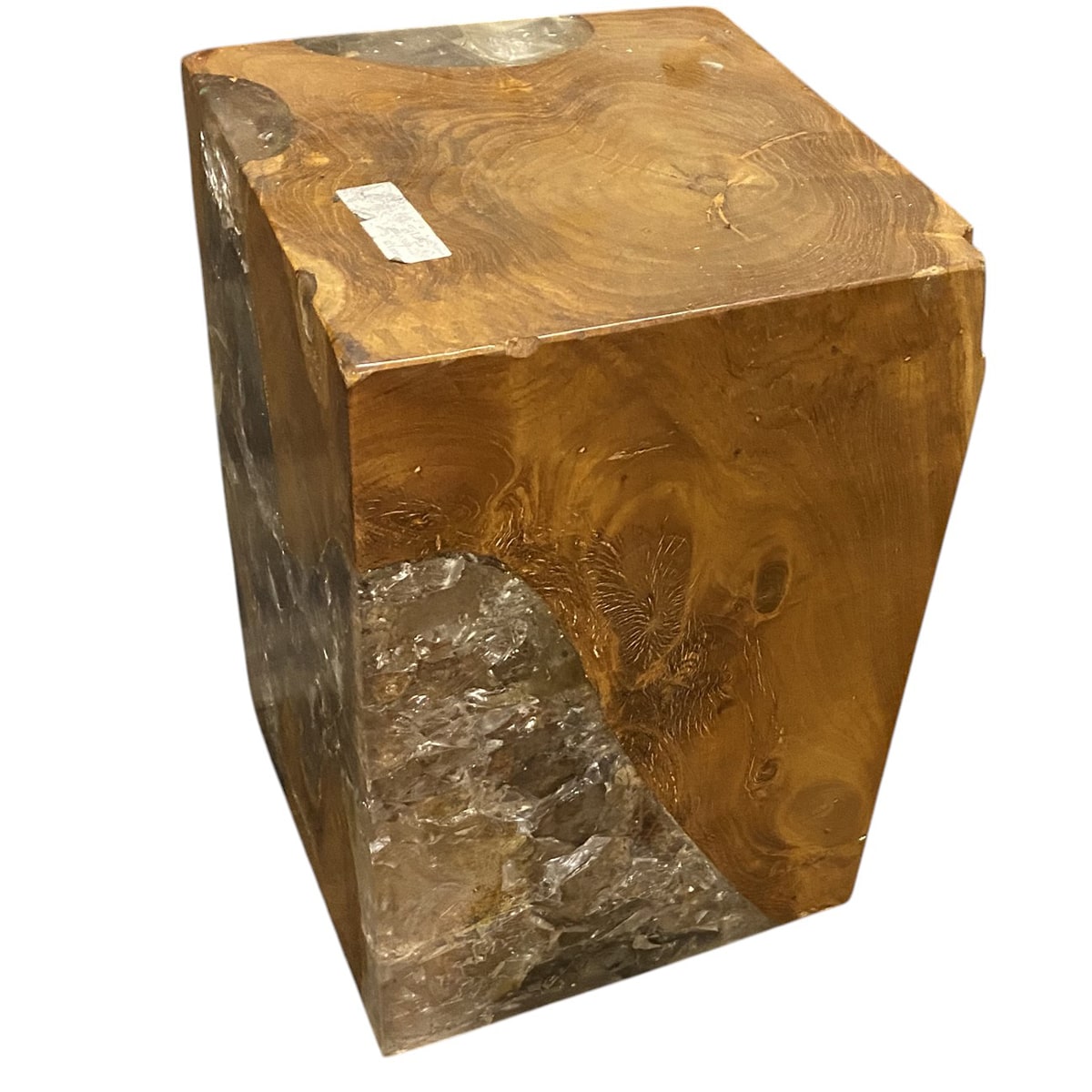Square stool of teak with clear resin filling natural voids