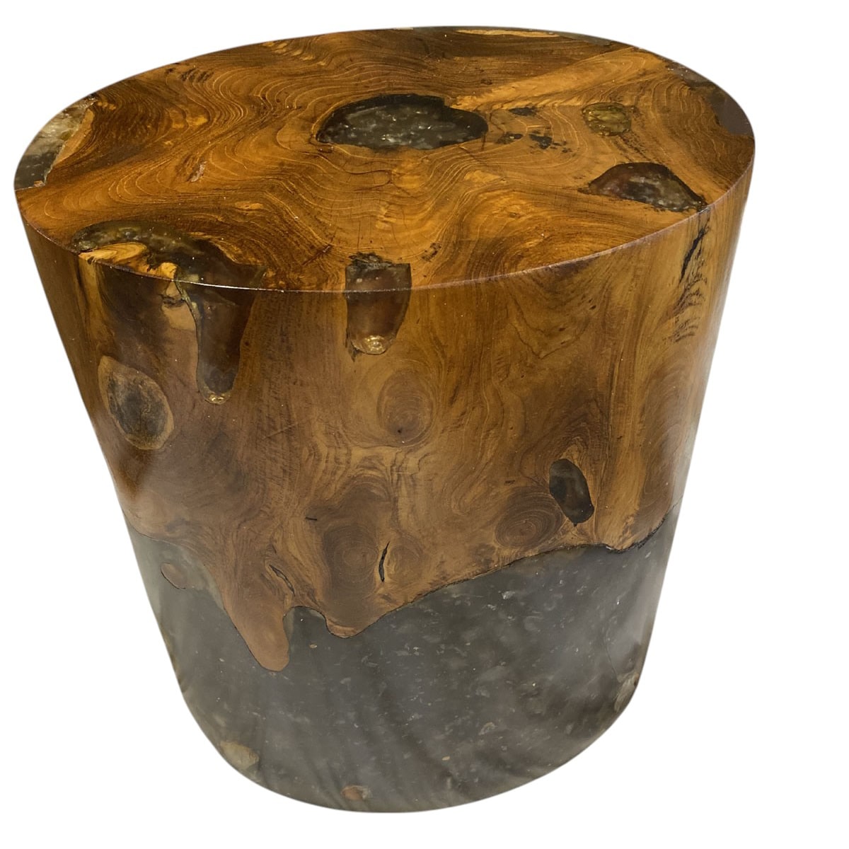 Oval stool of teak with clear resin filling natural voids