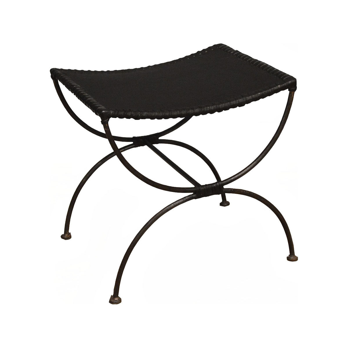 Black Leather Stool with Iron Frame