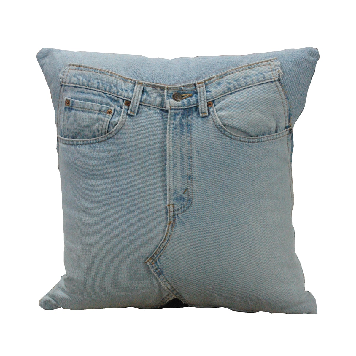 Square throw pillow made from repurposed blue denim with visible seams
