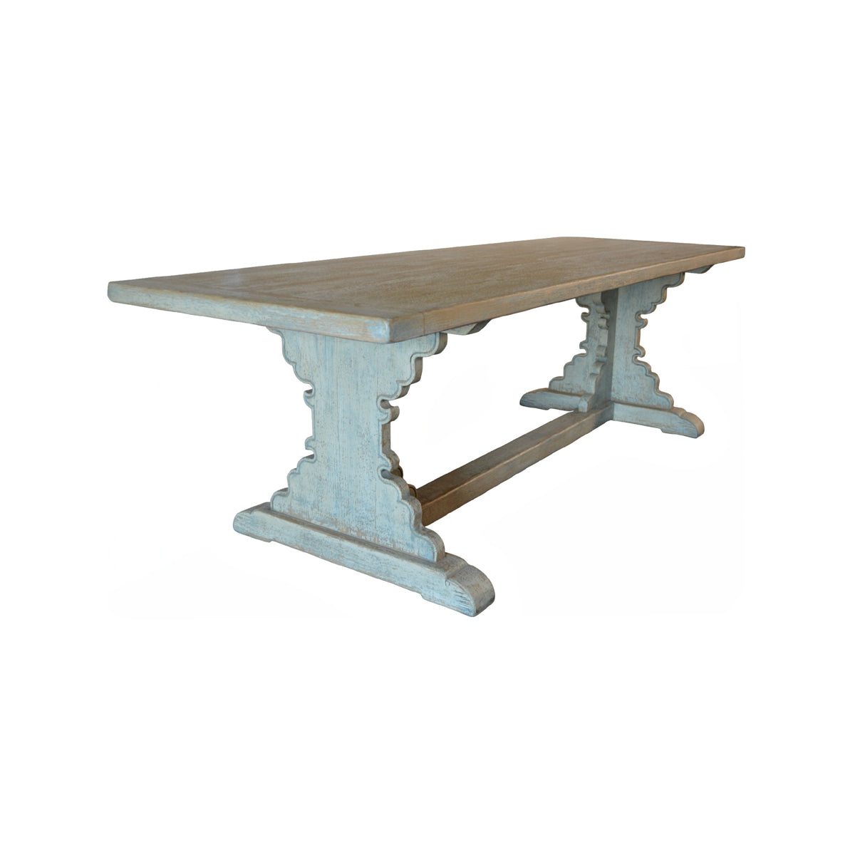 Reclaimed pine dining table in distressed light blue on a trestle base