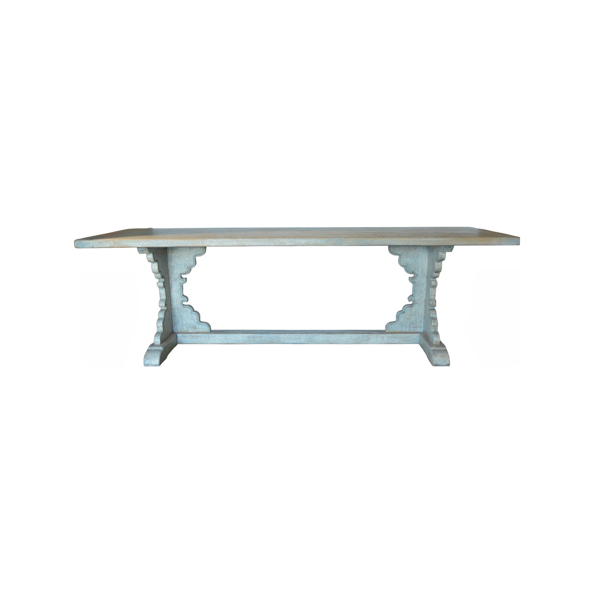 Reclaimed pine dining table in distressed light blue on a trestle base