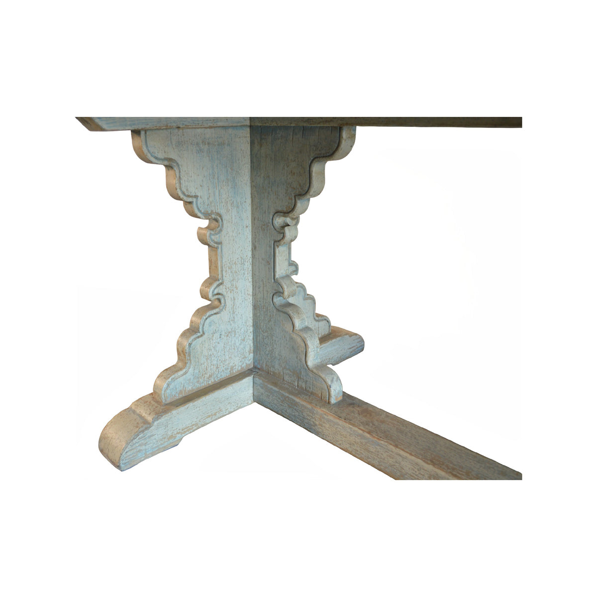 Reclaimed pine dining table in distressed light blue on a trestle base