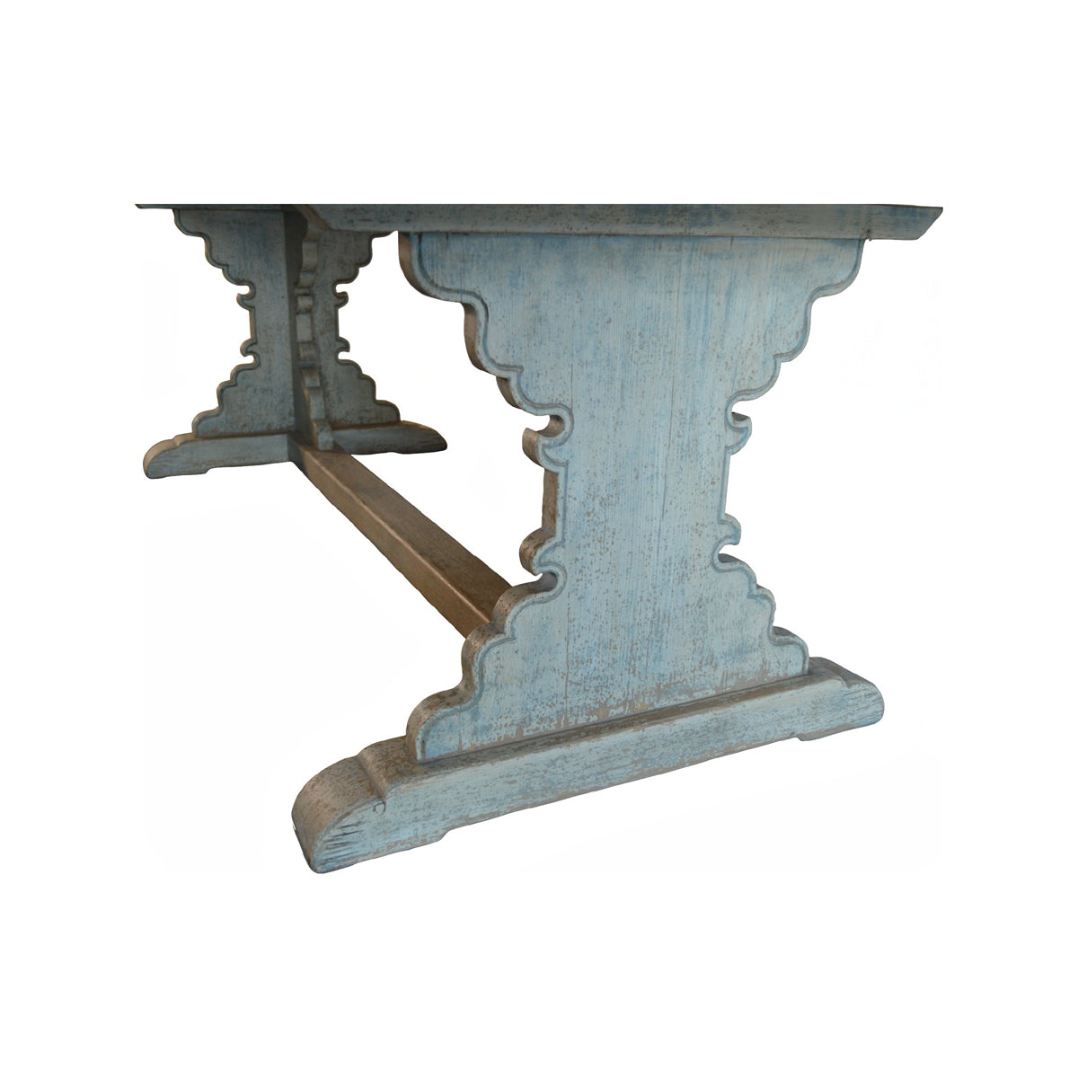 Reclaimed pine dining table in distressed light blue on a trestle base