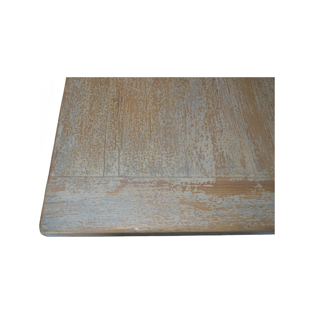 Reclaimed pine dining table in distressed light blue on a trestle base