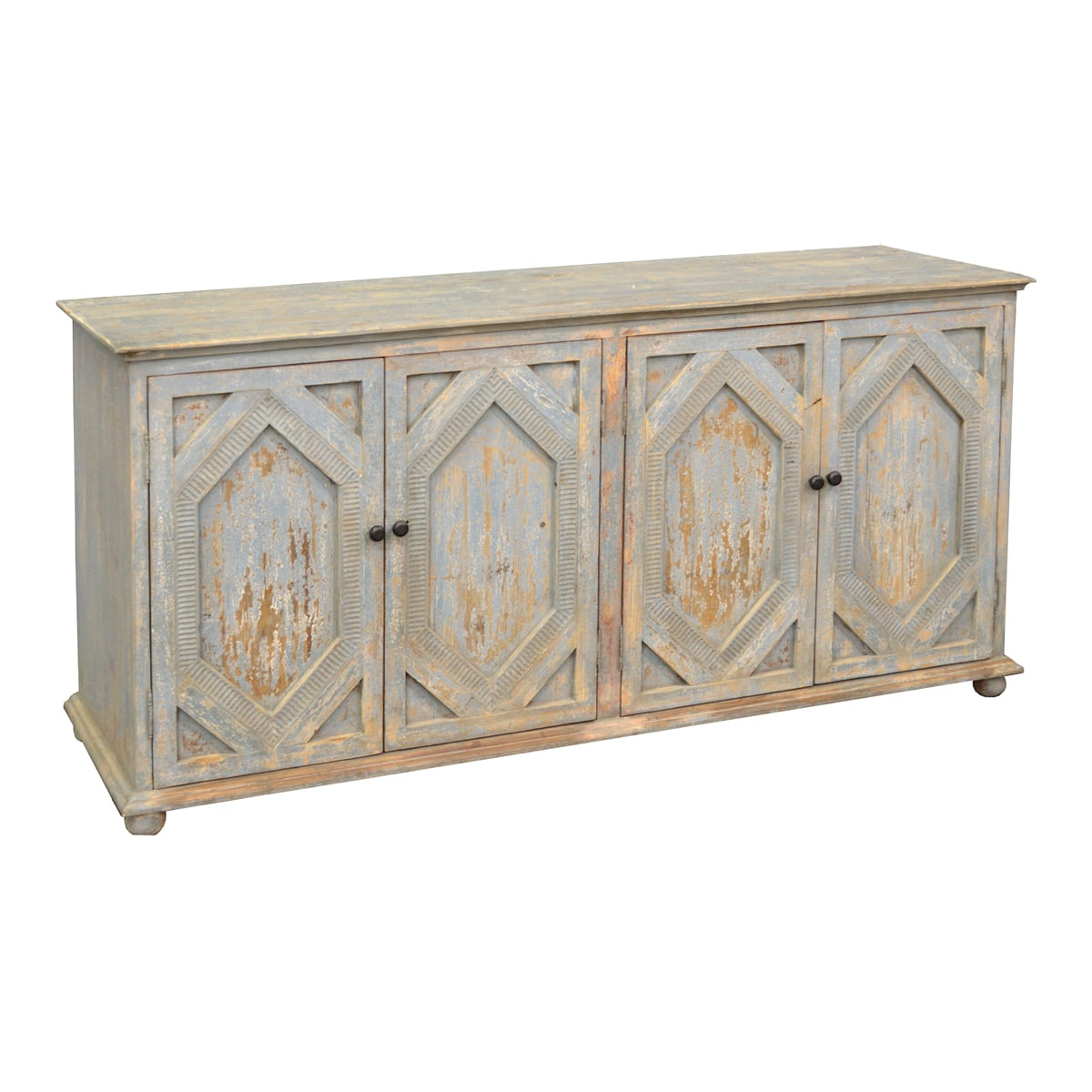 Reclaimed pine carved sideboard with four doors in a distressed light blue finish