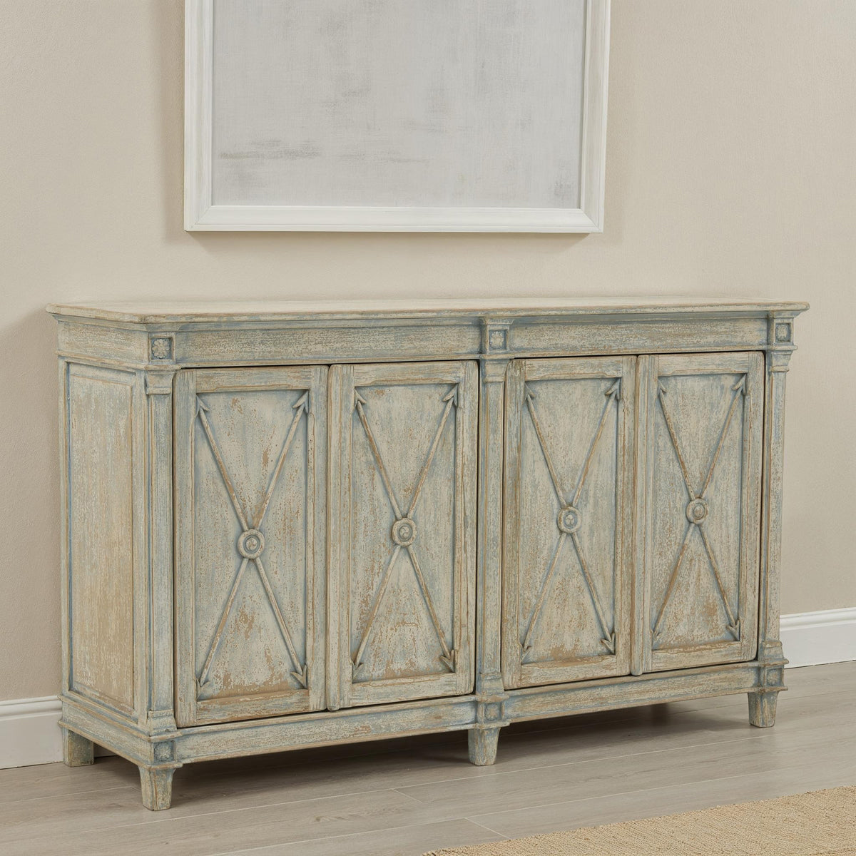 Brighton reclaimed pine four-door server with cross-frame door detailing