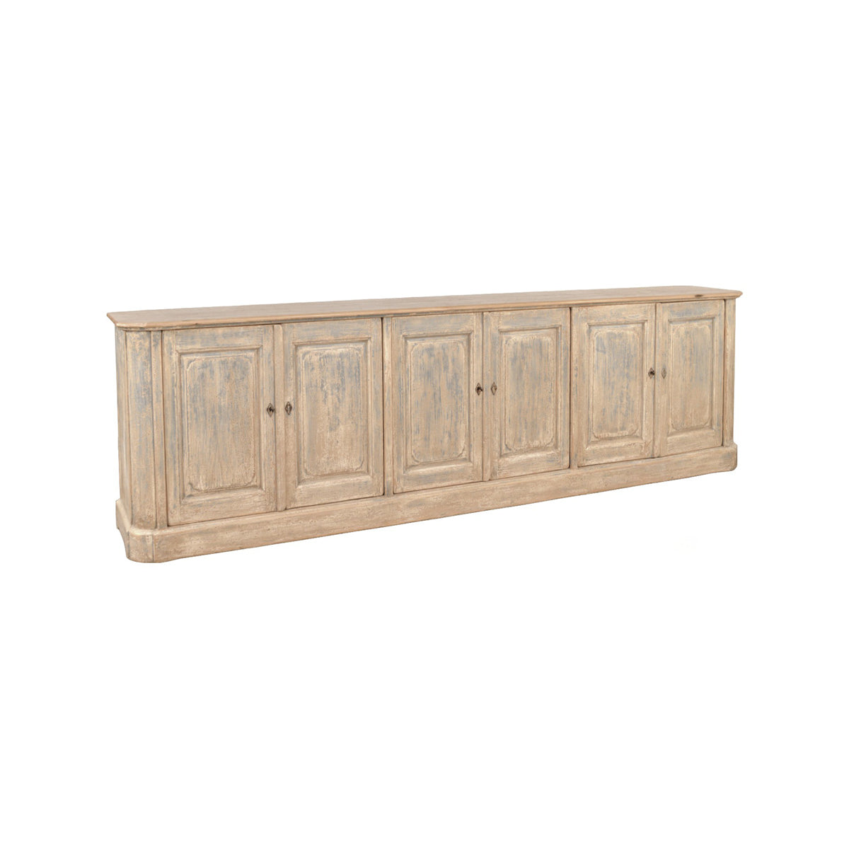 Reclaimed pine sideboard with six paneled doors in a distressed blue finish