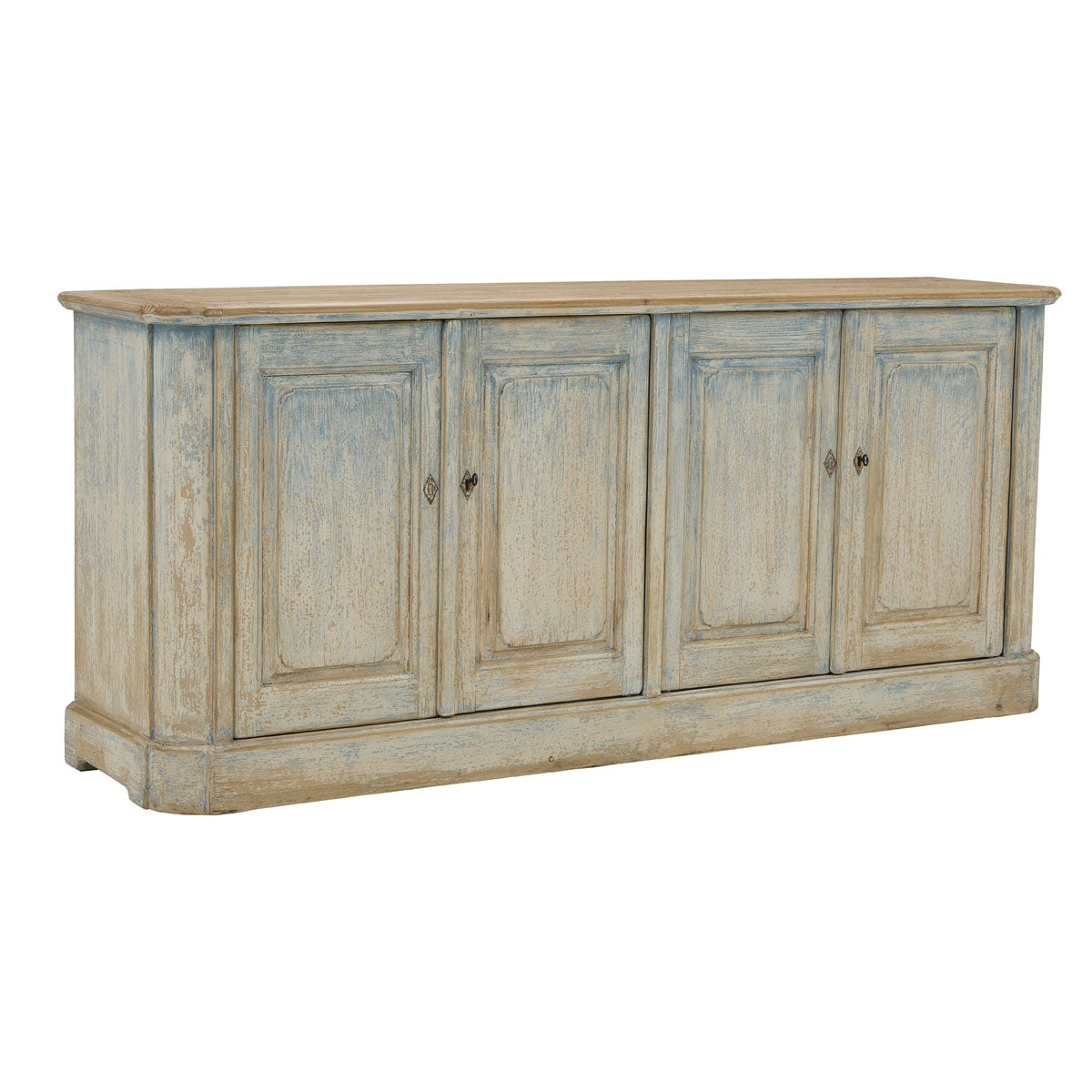 Reclaimed pine sideboard with four paneled doors in a distressed blue finish