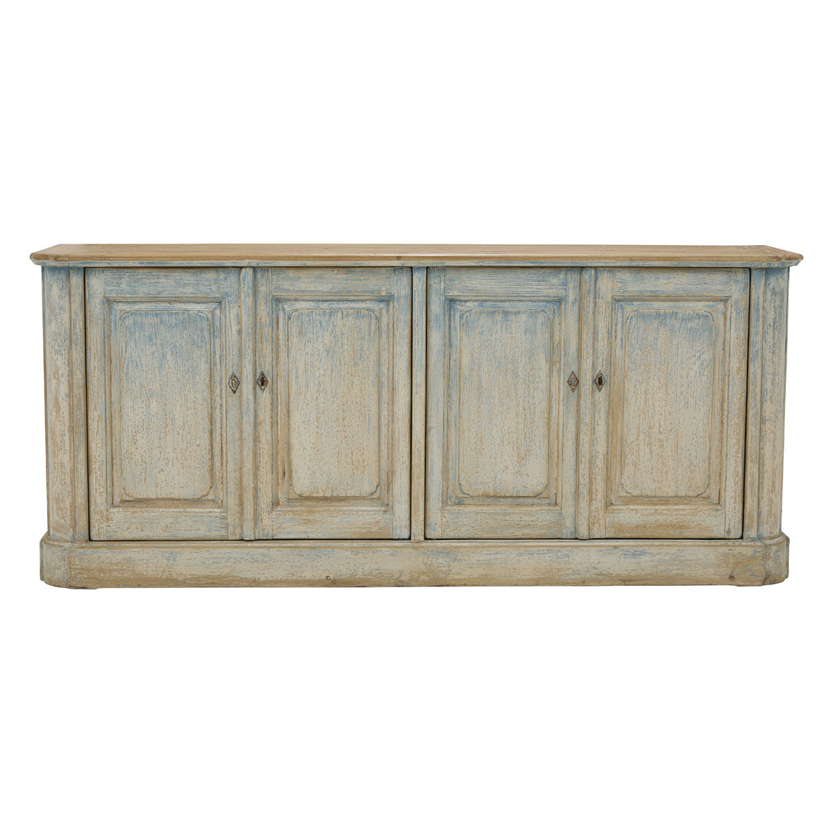 Reclaimed pine sideboard with four paneled doors in a distressed blue finish