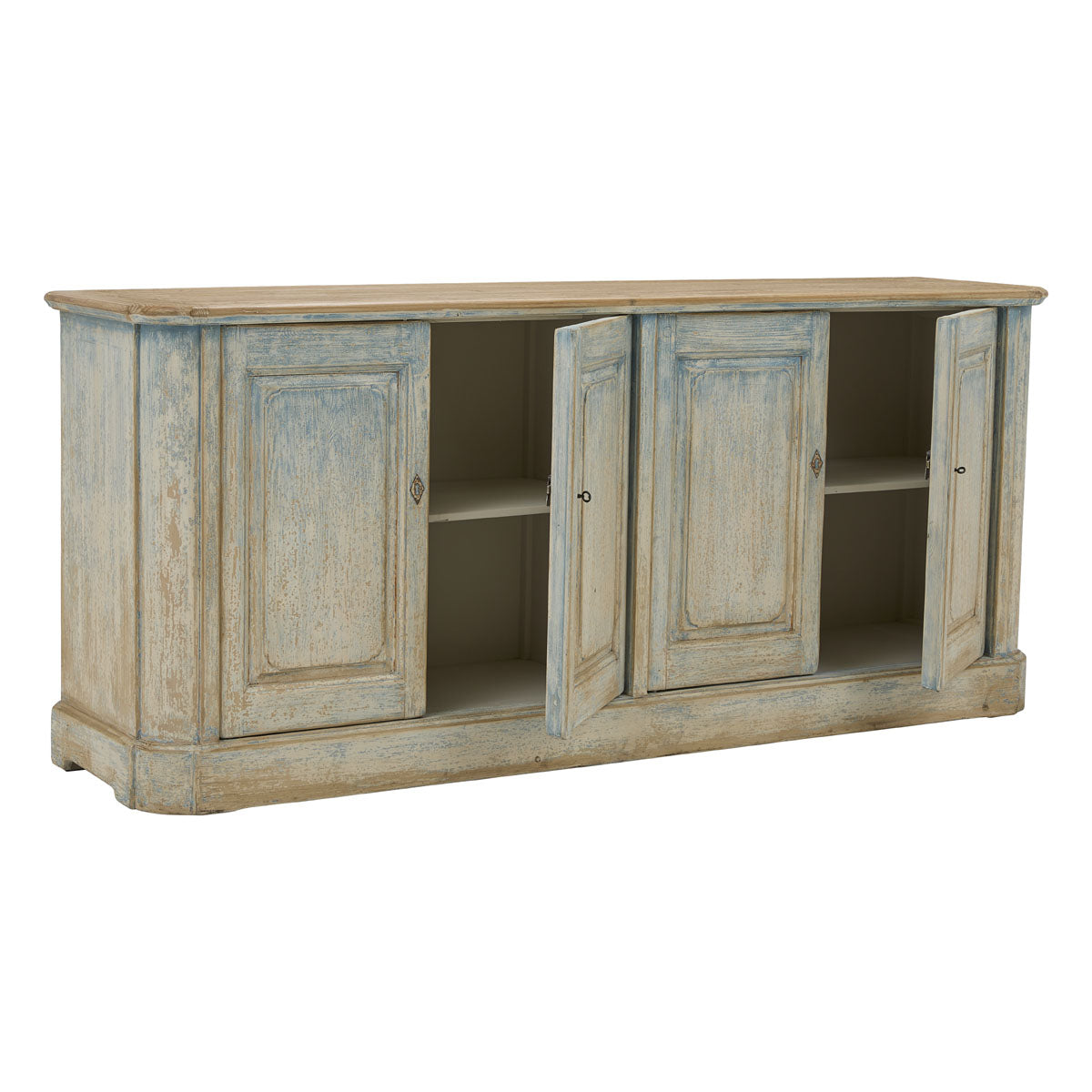 Reclaimed pine sideboard with four paneled doors in a distressed blue finish