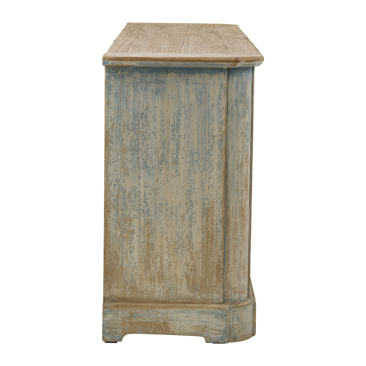 Reclaimed pine sideboard with four paneled doors in a distressed blue finish