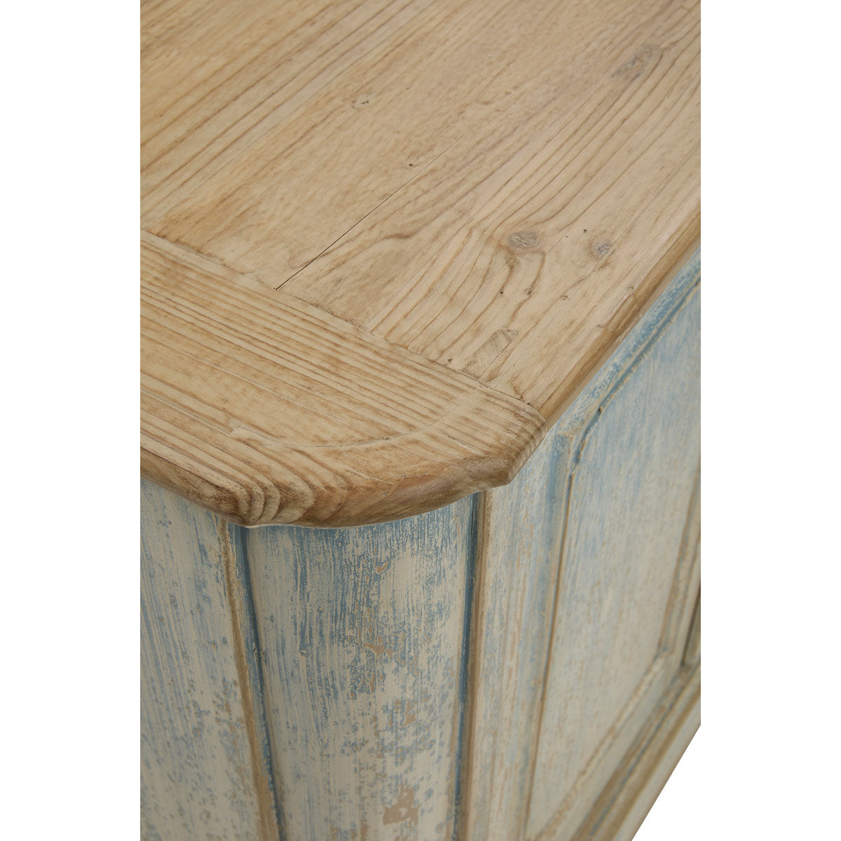 Reclaimed pine sideboard with four paneled doors in a distressed blue finish