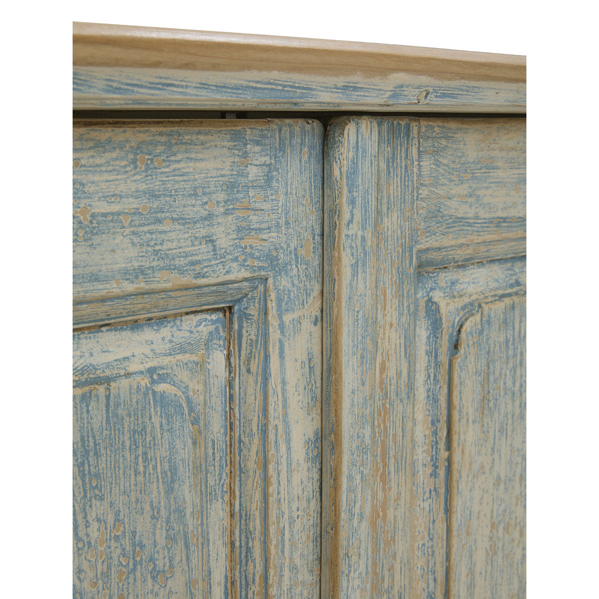 Reclaimed pine sideboard with four paneled doors in a distressed blue finish