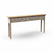 Narrow reclaimed pine console table with five drawers and straight legs