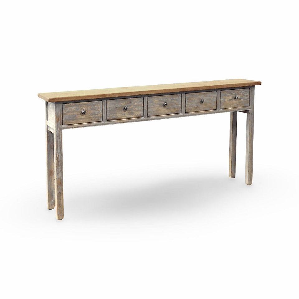 Narrow reclaimed pine console table with five drawers and straight legs
