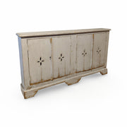 Reclaimed pine sideboard with paneled doors and repeated cross cut-out detailing