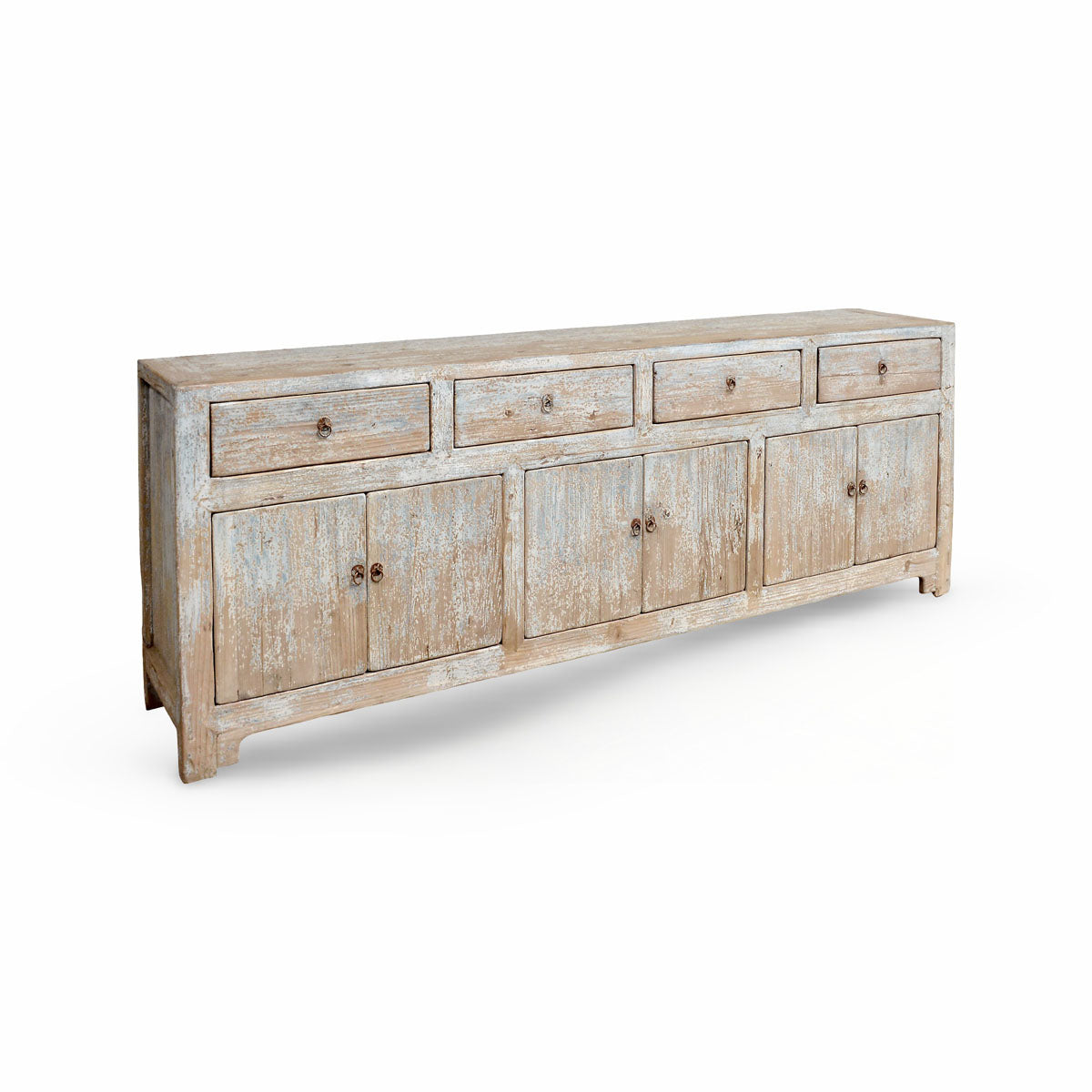 Large reclaimed pine server with upper drawers and lower cabinet doors, distressed finish