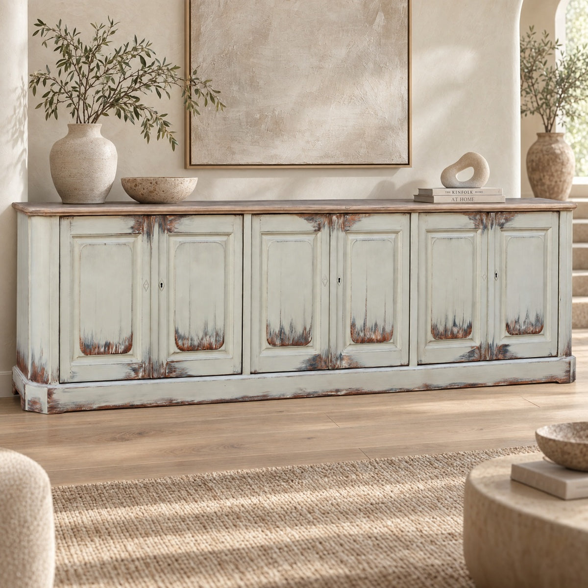 Six Door Panel Server Distressed Finish