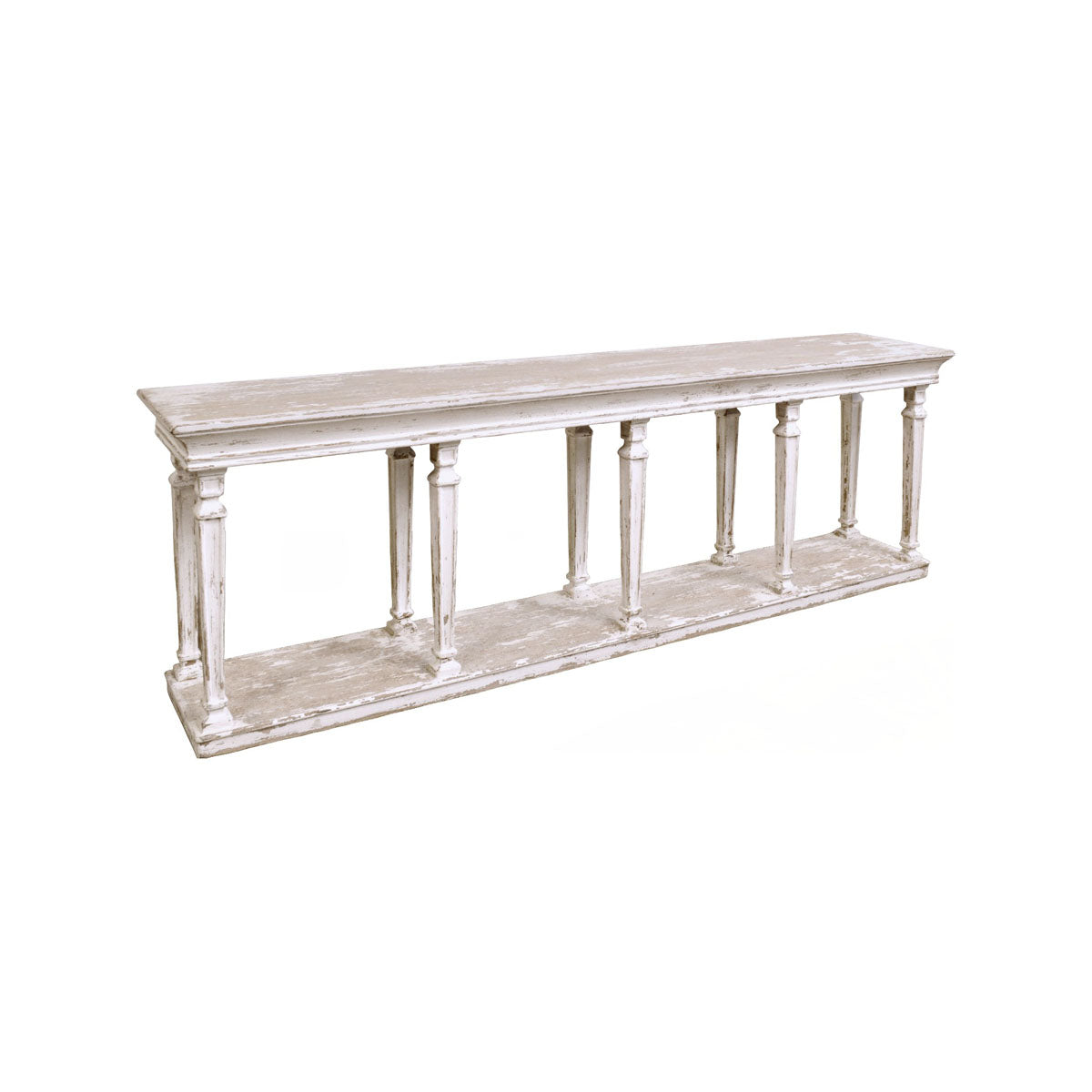 Reclaimed pine console table in antique white with turned supports and shelf