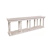 Reclaimed pine console table in antique white with turned supports and shelf
