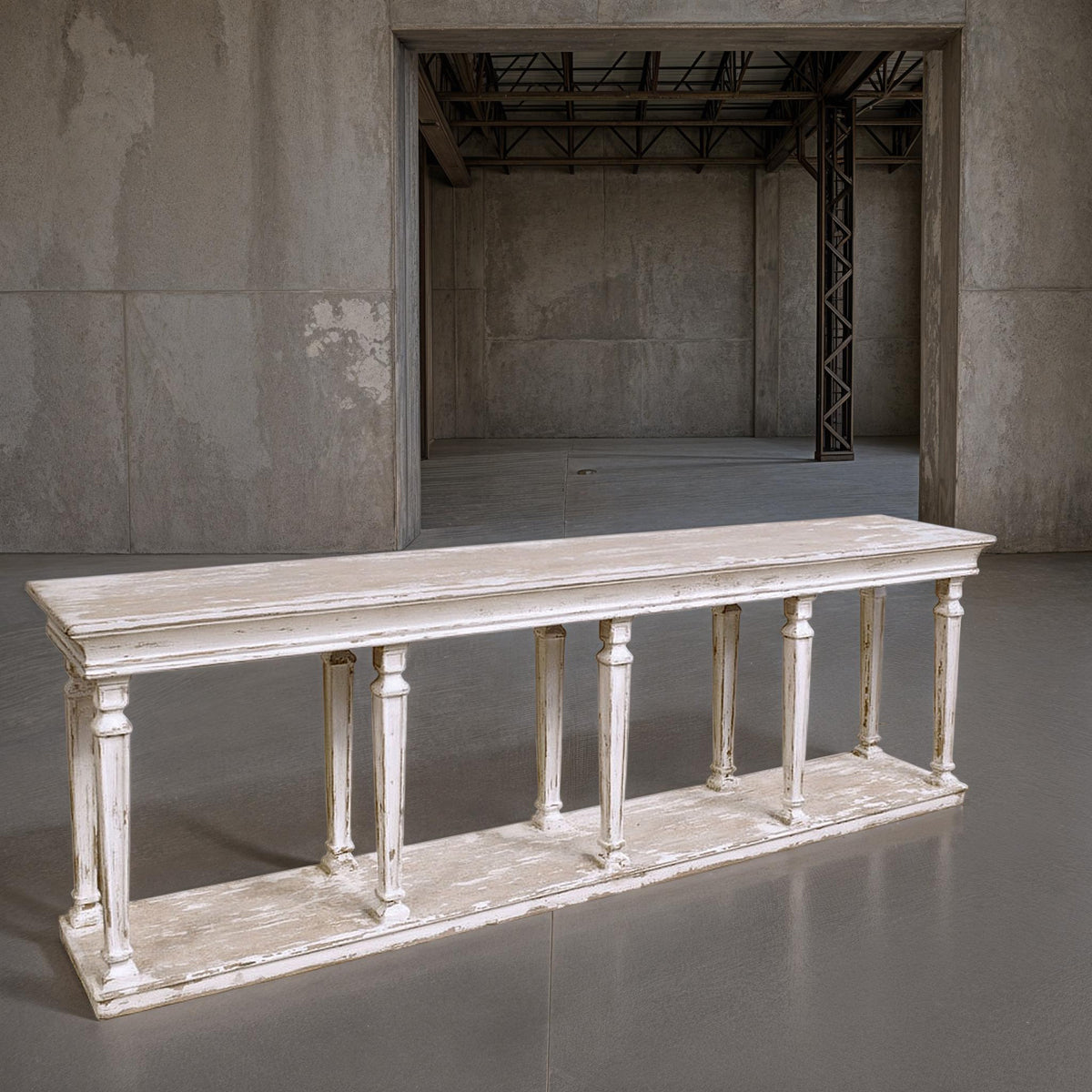 Reclaimed pine console table in antique white with turned supports and shelf