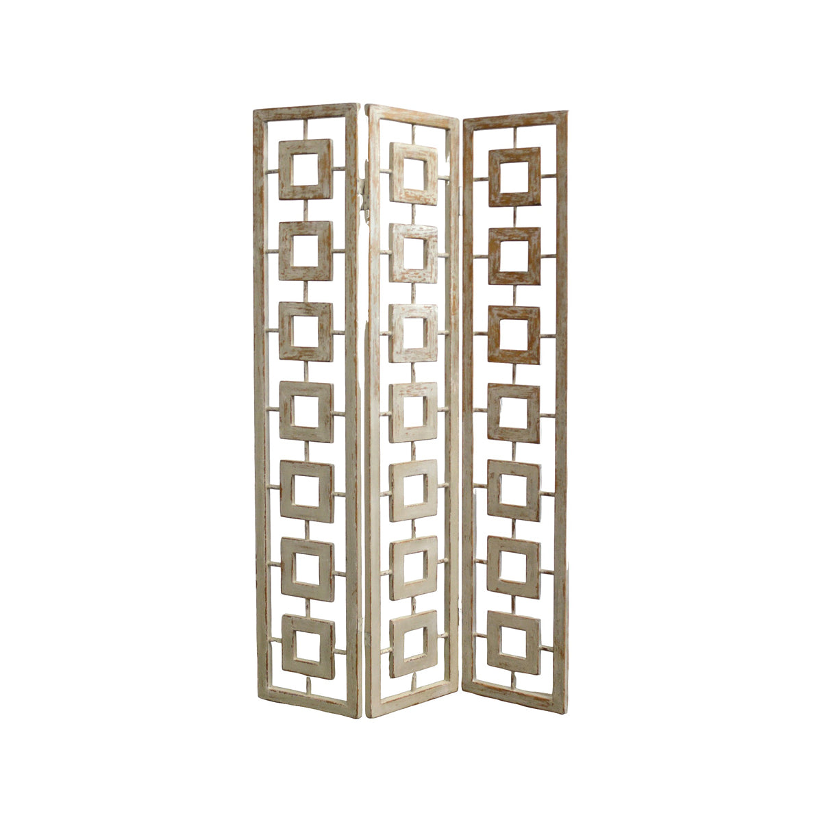 Folding screen in distressed white reclaimed pine with cutout pattern