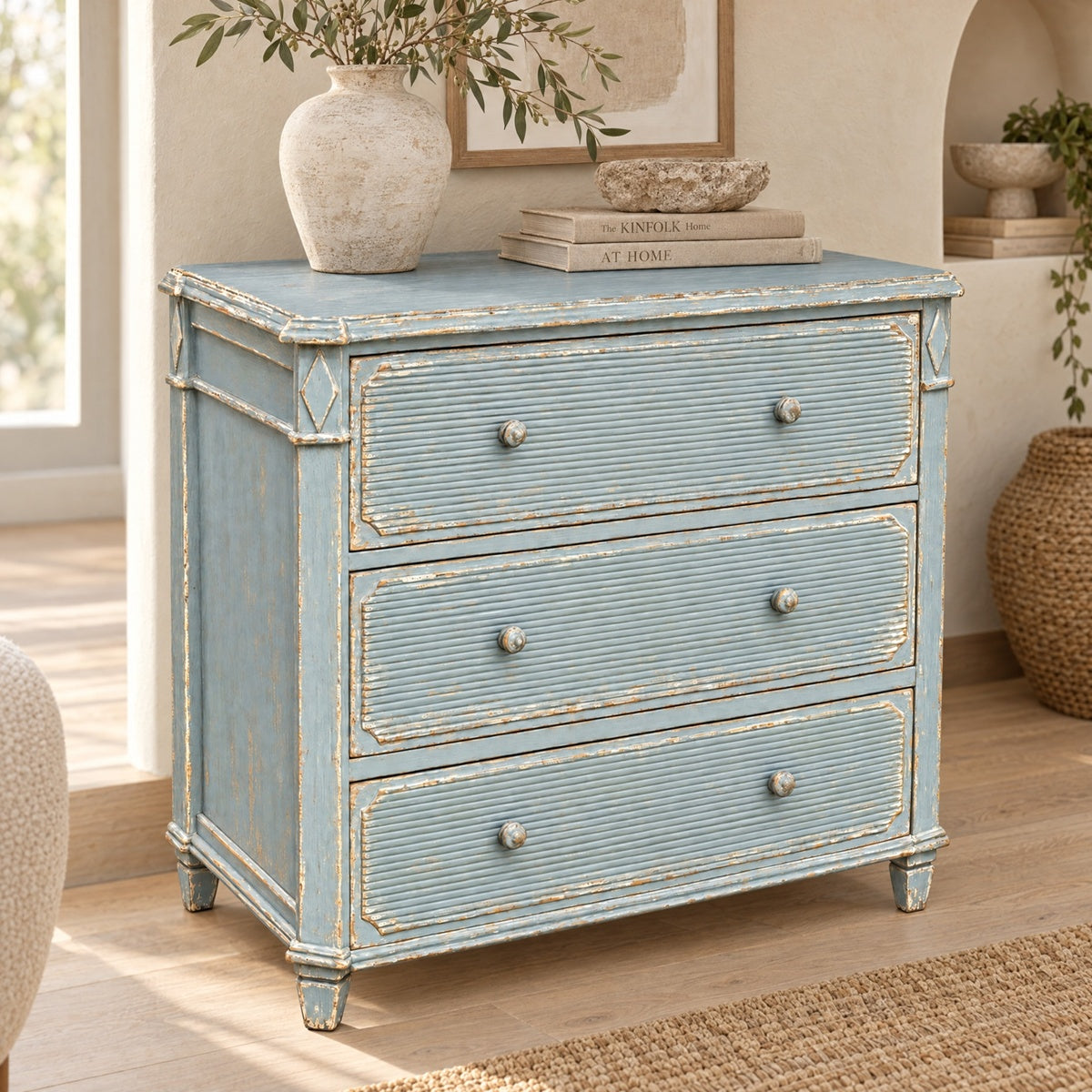 Three Drawer Chest in Distressed Blue