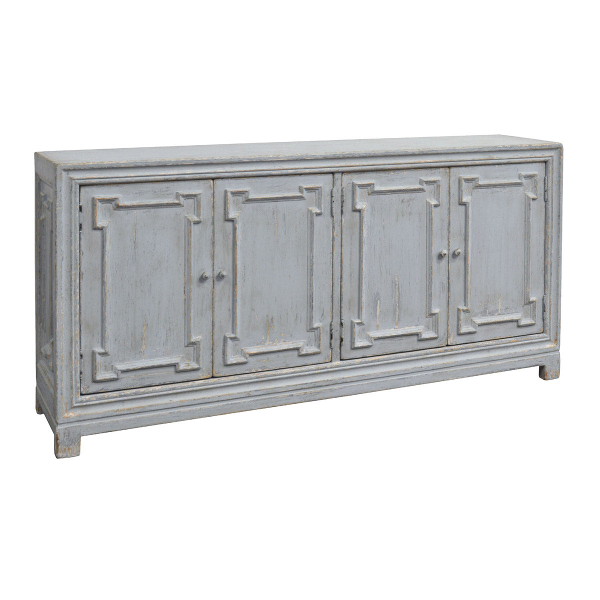 Reclaimed pine four-door server with stepped framing in a distressed blue finish