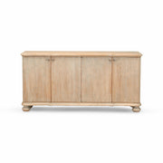 Reclaimed pine sideboard with reeded doors and ball feet in a distressed blue finish