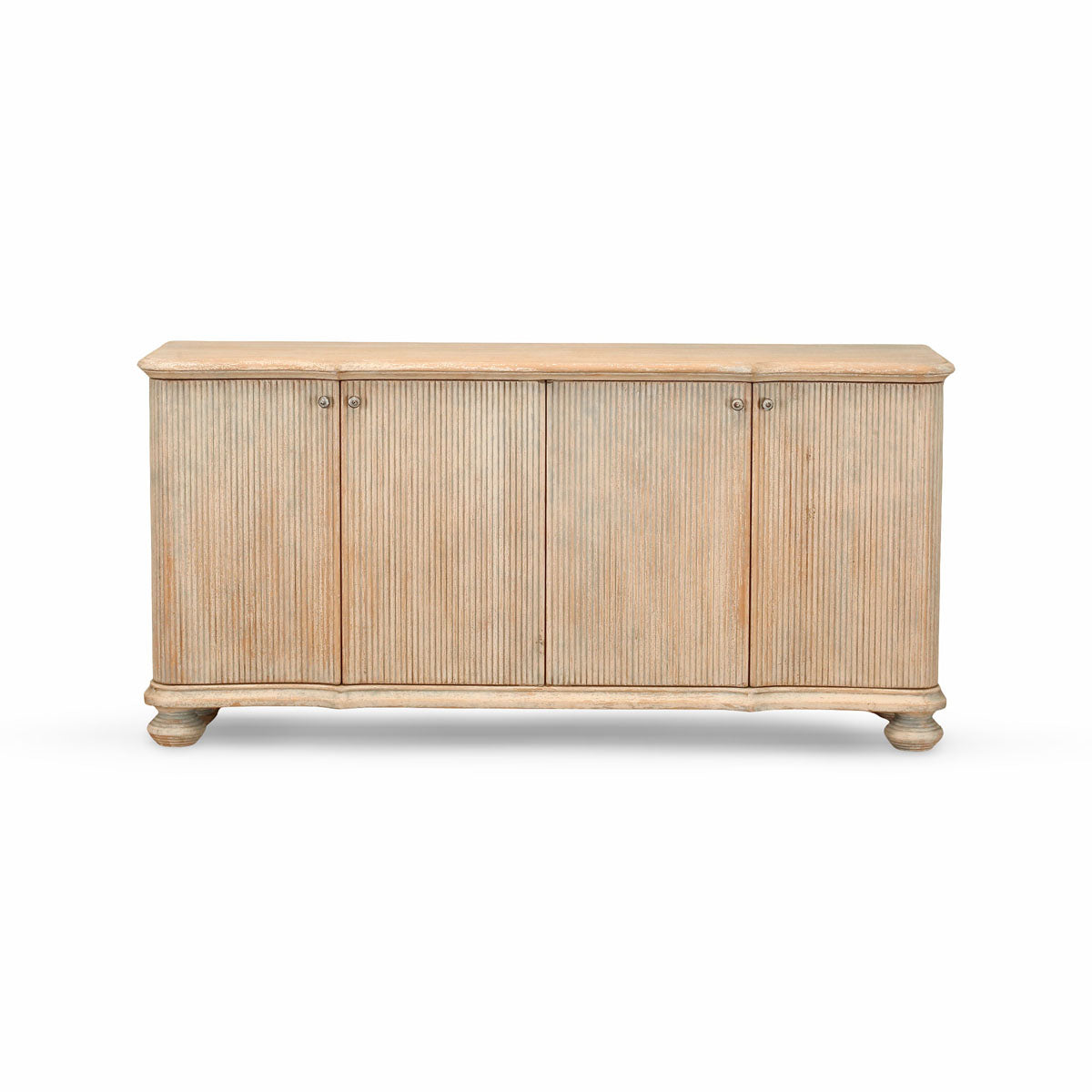 Reclaimed pine sideboard with reeded doors and ball feet in a distressed blue finish