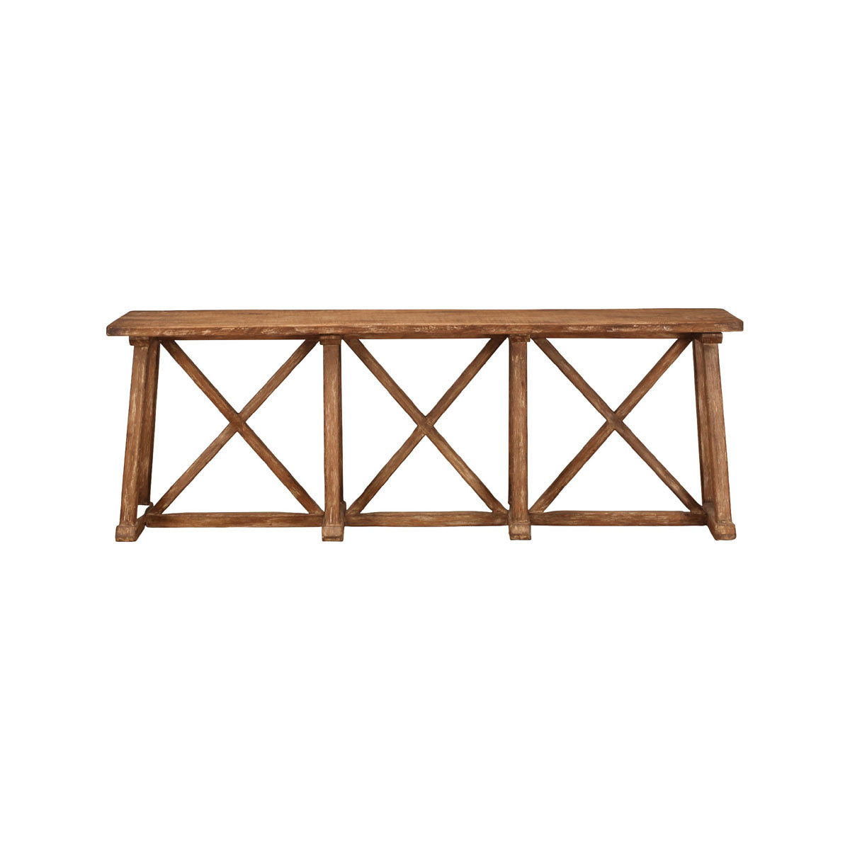 Narrow reclaimed pine console table in distressed cream with cross-braced base