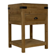 Small reclaimed pine kitchen island with a blue stone top, drawer, and slatted shelf