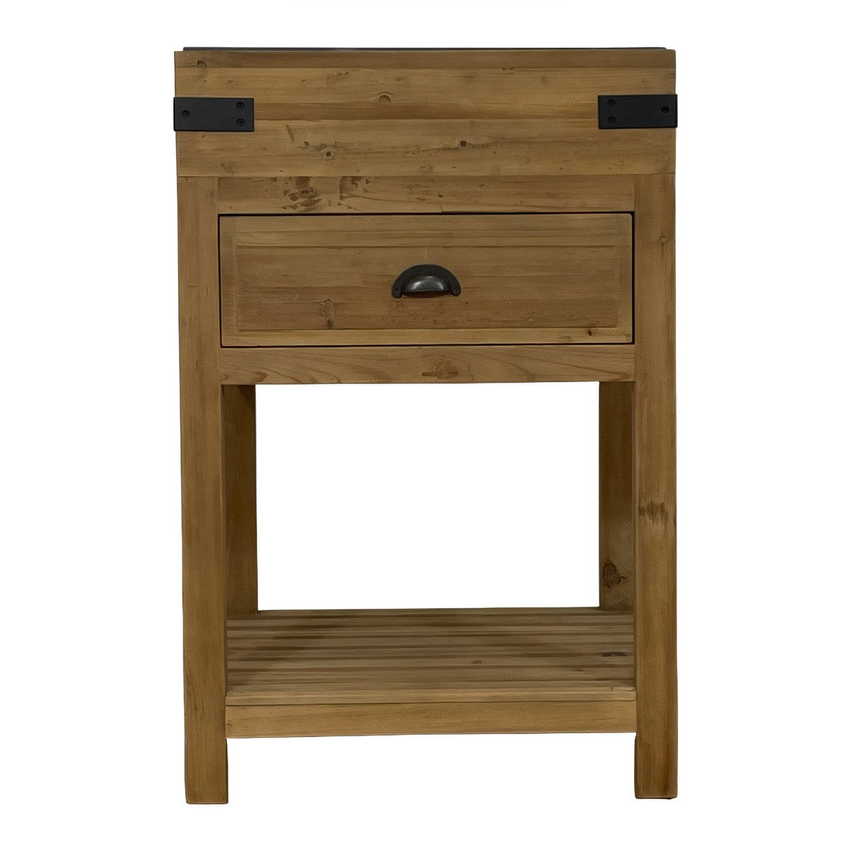 Small reclaimed pine kitchen island with a blue stone top, drawer, and slatted shelf
