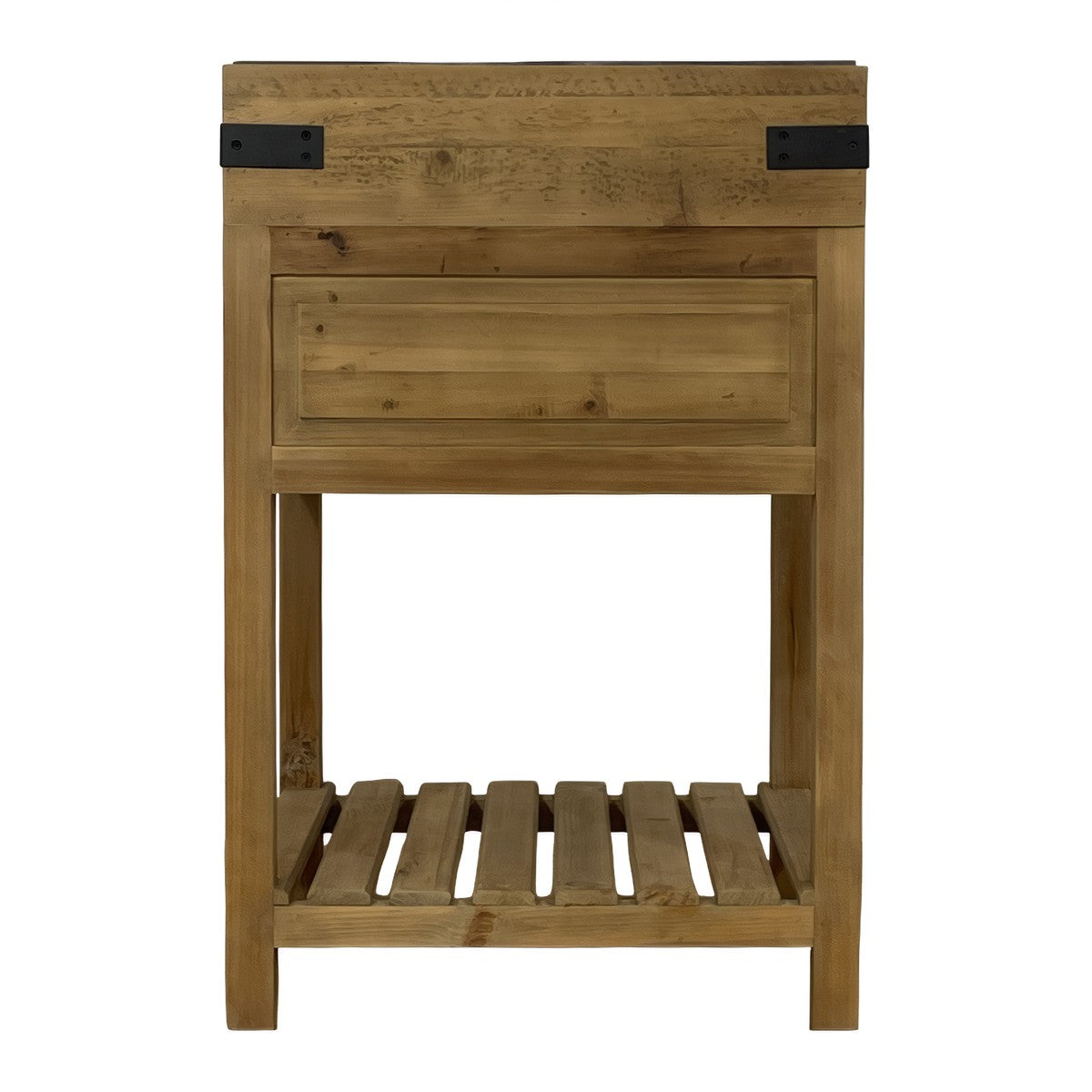 Small reclaimed pine kitchen island with a blue stone top, drawer, and slatted shelf