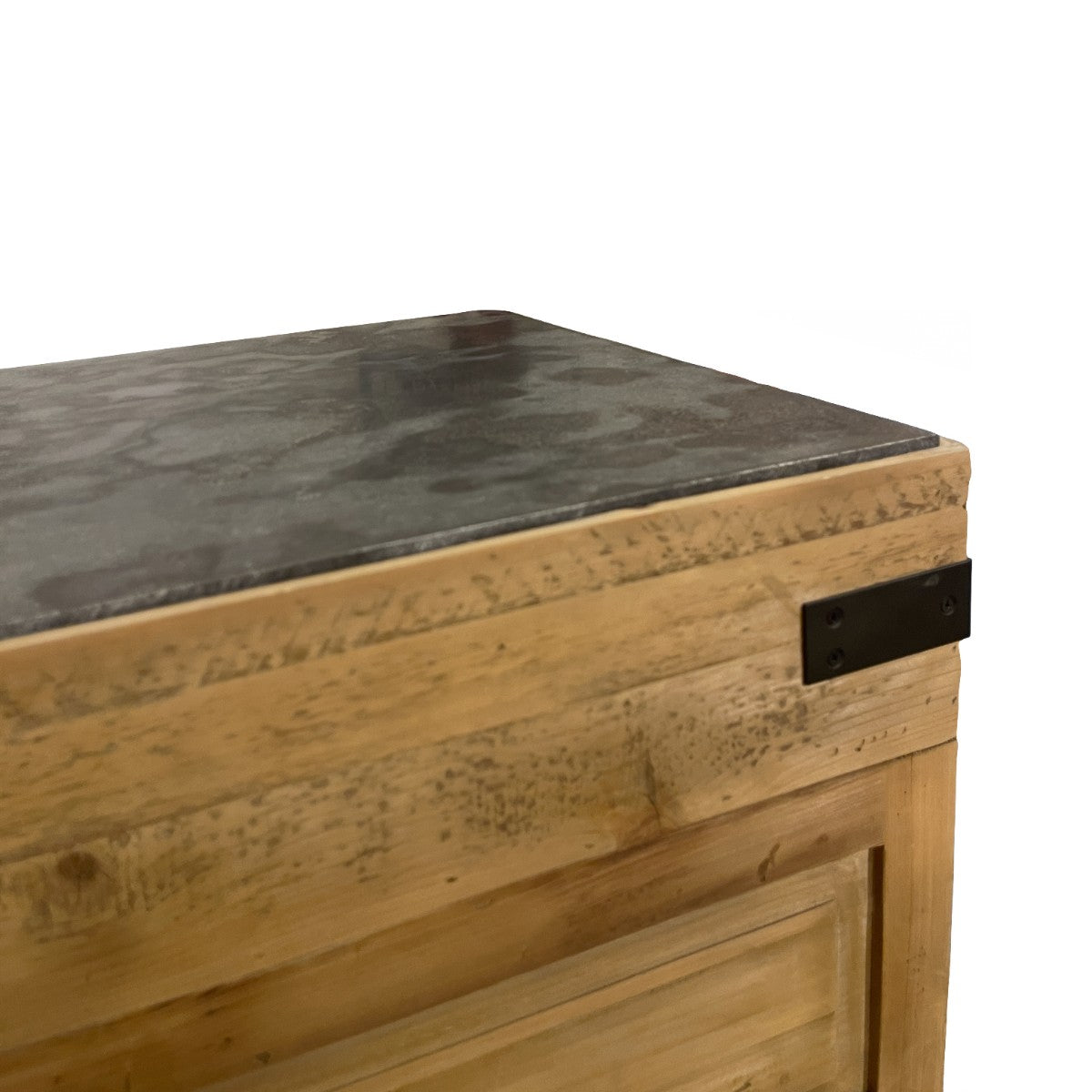 Small reclaimed pine kitchen island with a blue stone top, drawer, and slatted shelf