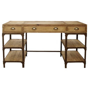 Reclaimed pine desk on an iron frame with drawers and open lower shelving