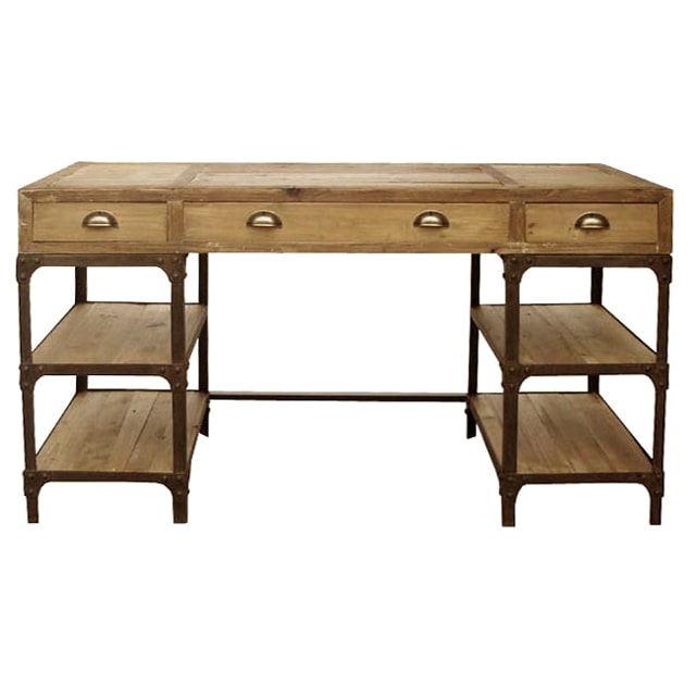 Reclaimed pine desk on an iron frame with drawers and open lower shelving