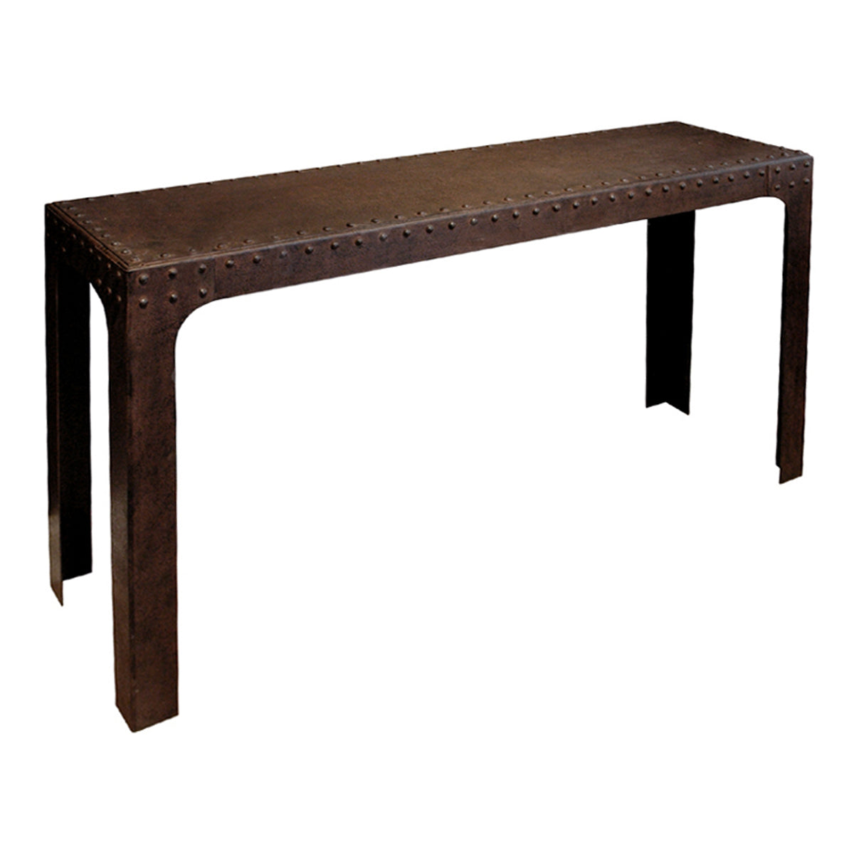 Solid iron console table with bent frame and studded edge detail