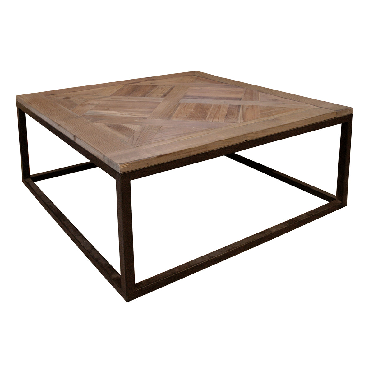Reclaimed pine parquet-top coffee table on a linear iron base