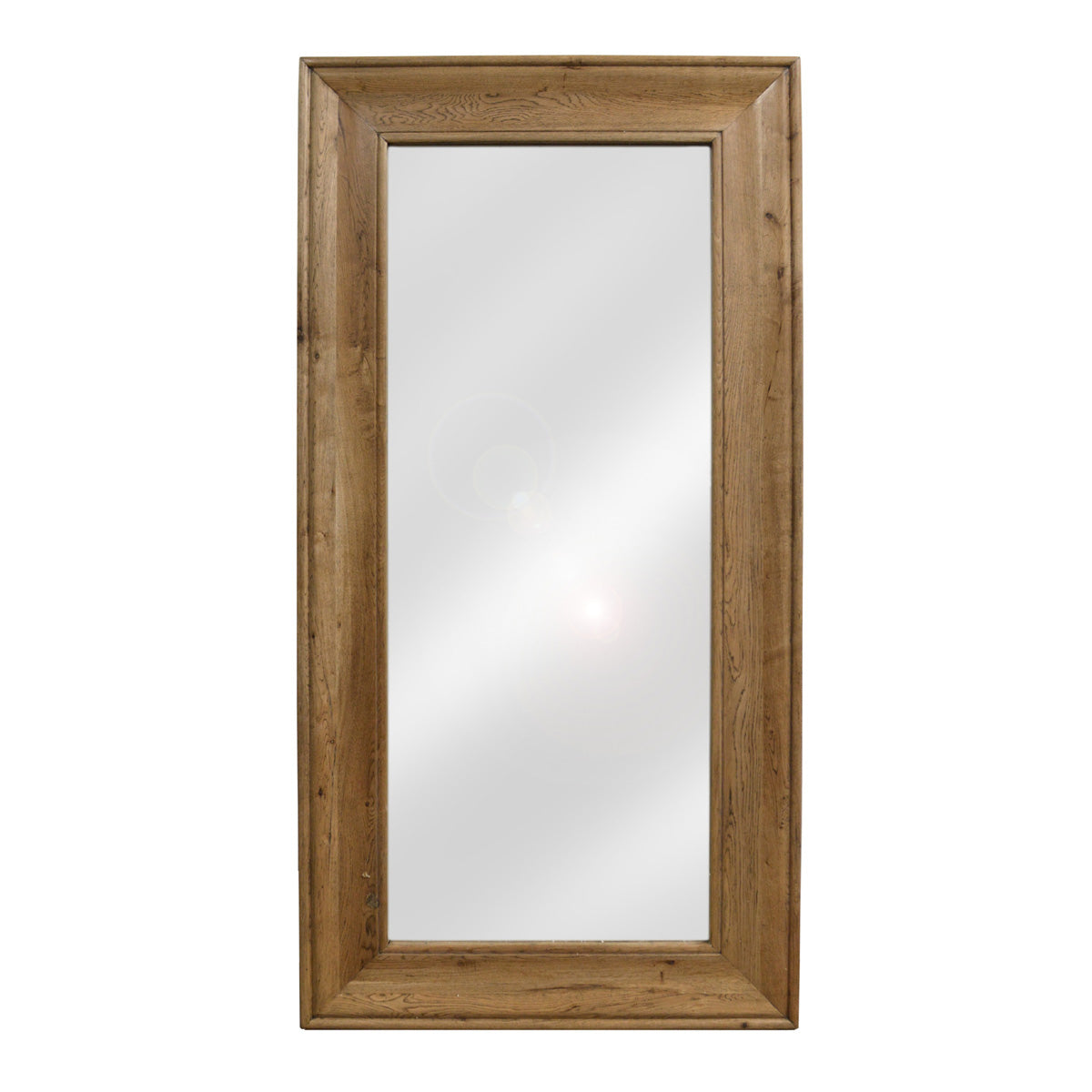 Tall rectangular mirror framed in reclaimed oak with visible grain