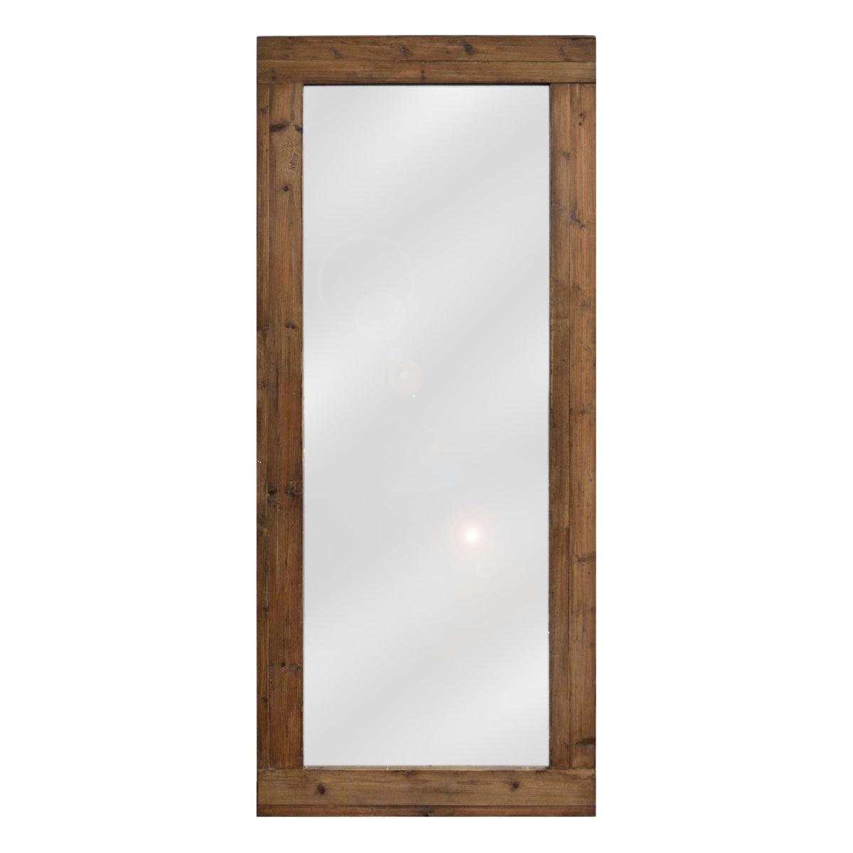 Tall rectangular mirror framed in reclaimed pine with softened grain