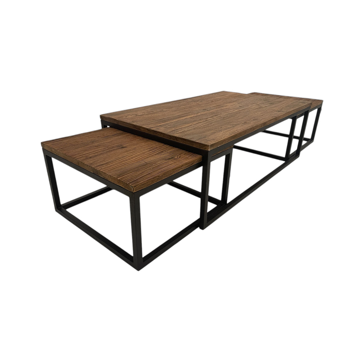 Reclaimed elm nesting coffee tables on open metal frames