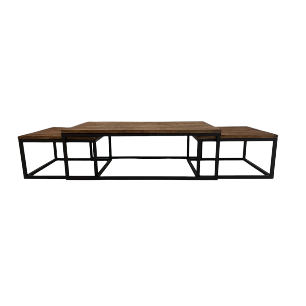Reclaimed elm nesting coffee tables on open metal frames